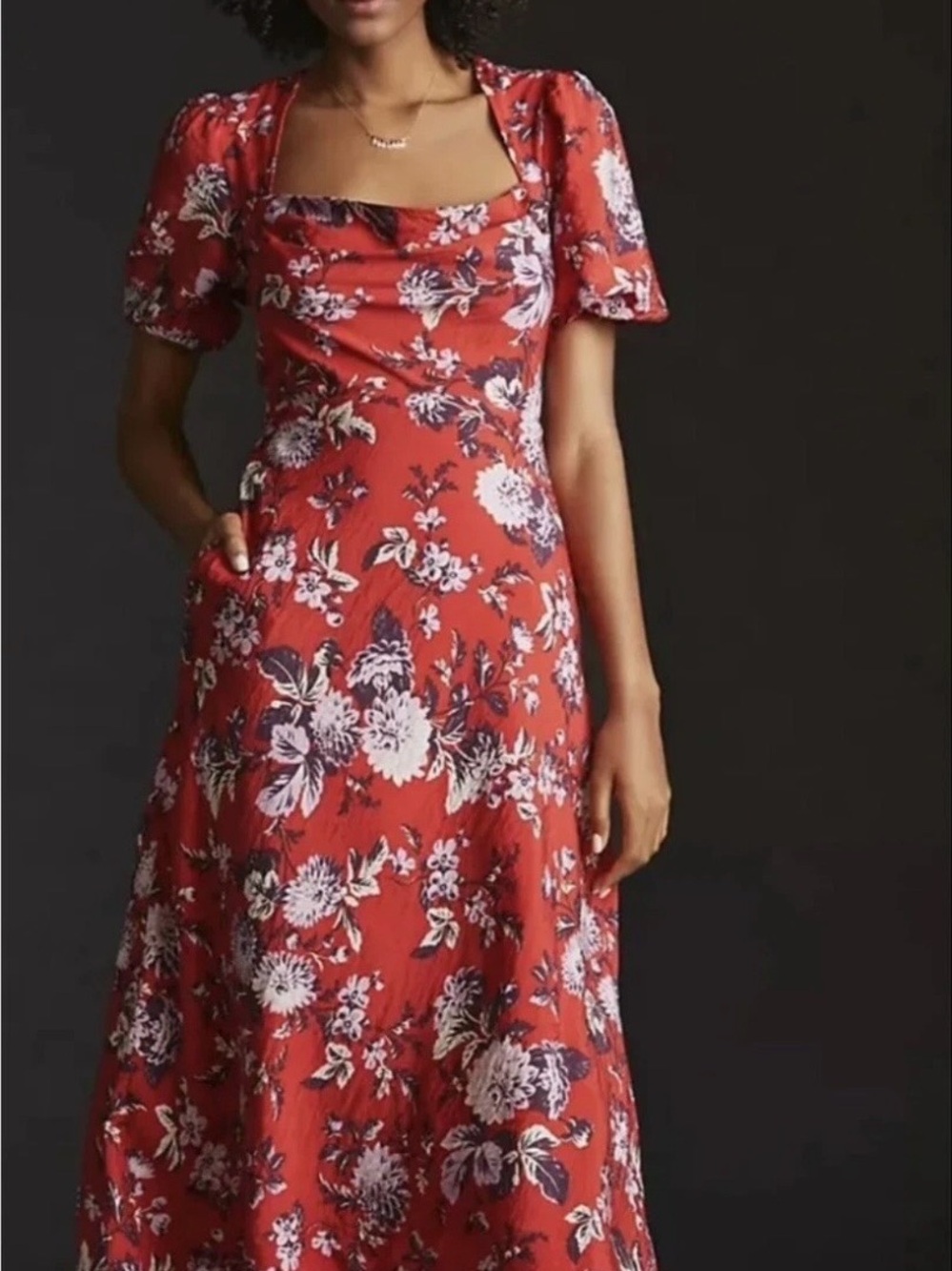 Maeve Red Floral Square-Neck High Low Midi Dress with Puff Sleeves